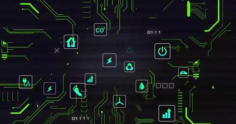 Displaying schematic showing CO? plug turbine icons on neon green circuit board, Stock Photos