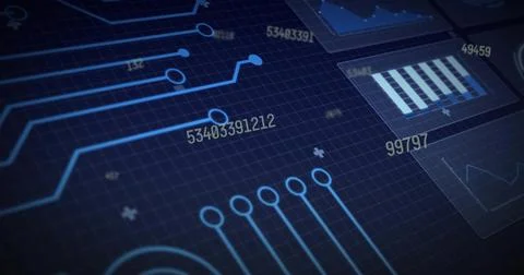 Displaying schematic UI showing glowing circuit traces on dark grid, numeric Stock Photos