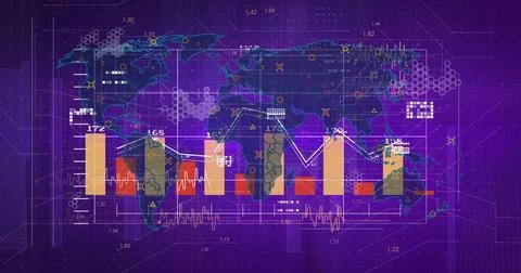 Displaying on-screen global panel showing map with orange red beige bars, white Stock Illustration