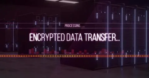 Displaying on-screen neon text dominating data center corridor, with server 스톡 일러스트