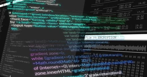 Displaying screen showing code snippets, HTML tags, hex overlay on desktop with Stock Illustration