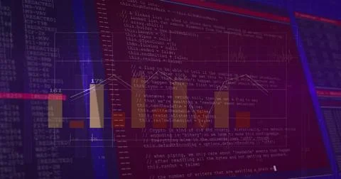 Displaying screen showing source code, bar charts, line graphs, numbers at de Stock Photos