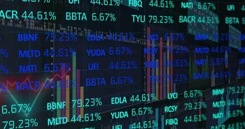Displaying scrolling stock tickers and color-coded bar graphs on LED screens in Stock Illustration
