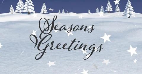 Displaying Seasons Greetings script text across snowy hills, with conifer trees, 스톡 일러스트