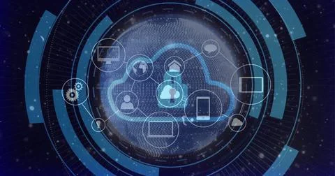 Displaying secure cloud padlock network graphic in data interface, with device Ilustración de archivo