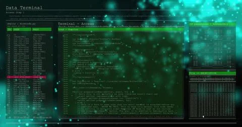 Displaying secure data terminal UI on screen, with code text, waveform 스톡 사진