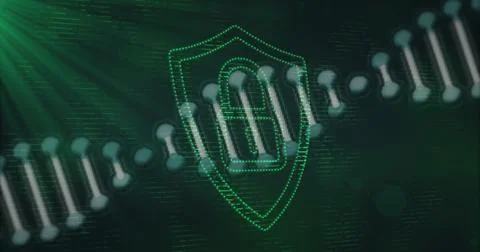 Displaying security chain linking nodes across virtual network grid, with green 写真素材