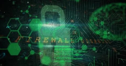 Displaying security dashboard on screen, showing padlock icon with firewall 스톡 사진