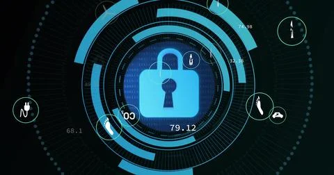 Displaying security HUD featuring blue padlock icon centered dashboard, with Stockillustratie