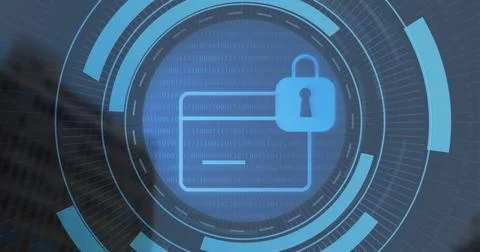 Displaying security icon with access card outline and padlock on office facade Ilustración de archivo