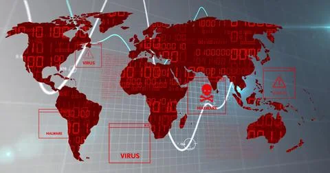 Displaying security panel tracking malware with red world map, data overlays and Stockillustratie