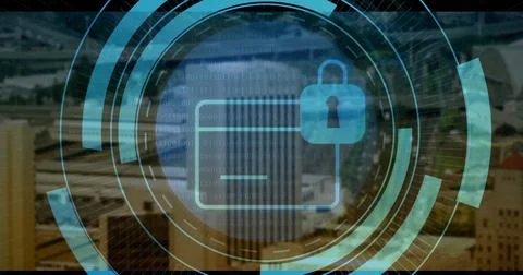 Displaying security UI circles over faded cityscape, with card outline and Stockfoto's