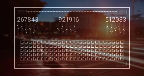 Displaying see-through overlay over city road at dusk, with numeric counters and Ilustração Stock