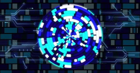 Displaying segmented data wheel rotating on grid panel, with circuit lines and 스톡 일러스트
