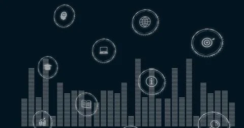 Displaying segmented equalizer showing analytics on dark navy field, with HUD Stock Illustration