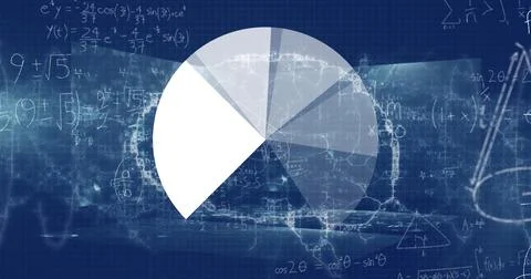 Displaying segmented pie chart overlaying dark blue interface with math formulas Stock Illustration