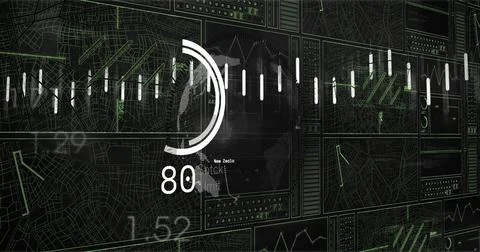 Displaying semi-circular gauge showing numeric 80 on control wall with green map Stock Illustration