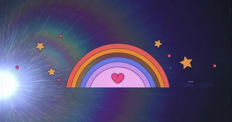 Displaying semi-circular rainbow with heart in cosmic-style background, with  Stock Illustration