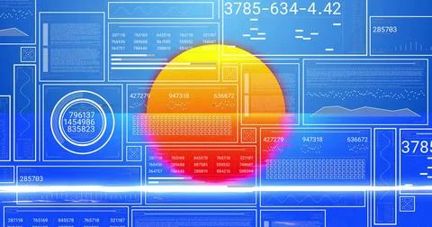 Displaying semi-circular sun graphic glowing on digital dashboard, with code Illustration
