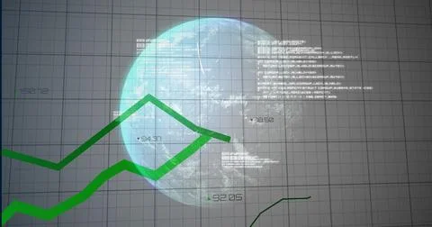 Displaying semi-transparent 3D globe in virtual dashboard, with green chart Stock Illustration