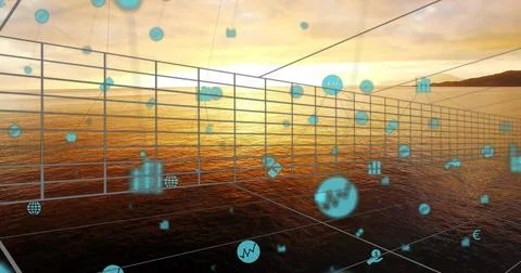 Displaying semi-transparent 3D wireframe grid floating above sunset sea, with Stock Illustration