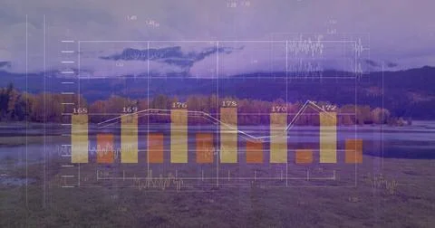 Displaying semi transparent bar chart and line graph in lakeside autumn forest, Stock Illustration