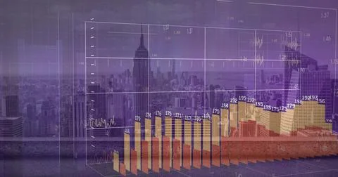Displaying semi-transparent data overlay with grid axes, 3D bar and line charts イラスト素材