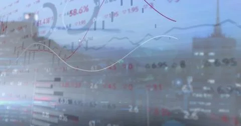 Displaying semi-transparent financial data overlay over city skyline, with red Stock Photos
