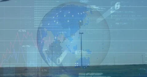 Displaying semi-transparent globe hovering over grassy plain, with line charts 写真素材