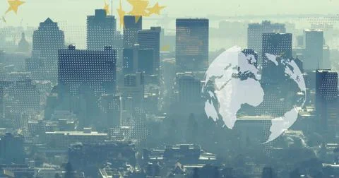 Displaying semi-transparent globe hovering over hazy city skyline with dotted Photos