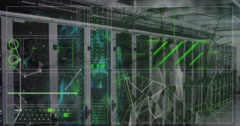 Displaying semi-transparent interface overlaying data center aisle, showing Stock Photos