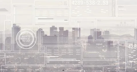 Displaying semi-transparent interface panels floating above urban skyline in Foto stock