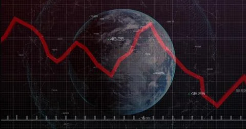Displaying semi-transparent Planet Earth against dark grid overlay, showing red Stock Illustration