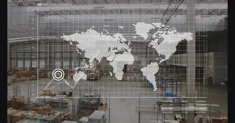 Displaying semi-transparent world map inside warehouse, with pallets, shelving Stock Illustration