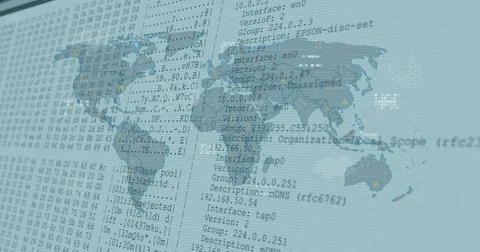 Displaying semi-transparent world map and network logs on workstation monitor, Stock Photos