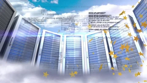 Displaying semicircular server cabinets against blue sky with low mist, code Stock Footage 333833177