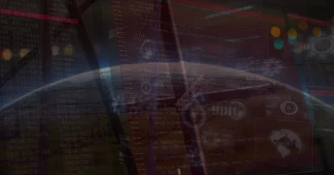 Displaying semitransparent code overlay inside cockpit, revealing Earth horizon Stock Photos