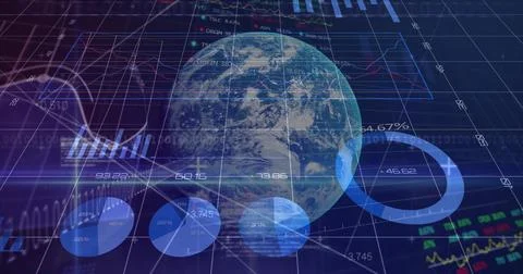 Displaying semitransparent Earth globe rotating in data dashboard, showing pi Ilustración de archivo