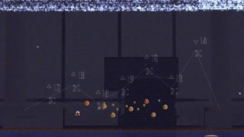 Displaying sentiment line chart glitching over glitchy interface, showing emoji Stock Footage 308658481