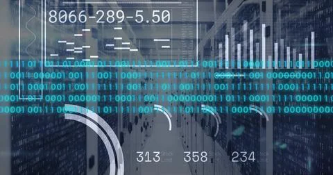 Displaying server aisle and rack cabinets in data center, with binary HUD, Stock Photos