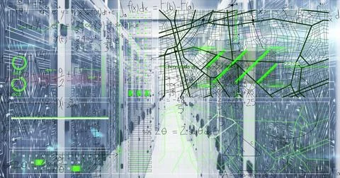 Displaying server aisle glowing with LED in data center corridor, showing Stock Photos