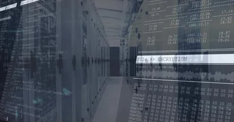 Displaying server aisle showing vented doors, LEDs and File  ENCRYPTION overlay Stock Photos