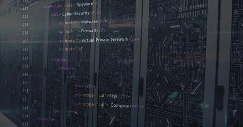 Displaying server cabinets with blinking LED lights in data center, showing c Foto stock