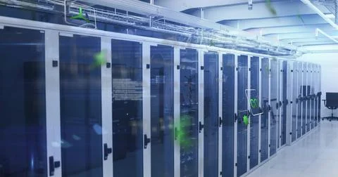 Displaying server cabinets with blue LEDs and cable trays in data center Stock Photos