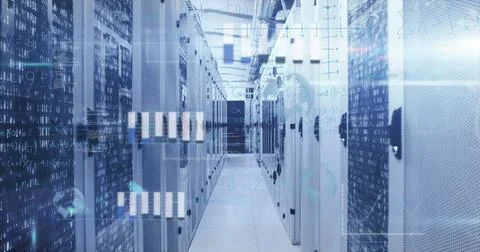 Displaying server cabinets in corridor flashing LEDs and overlaying code Stock Photos