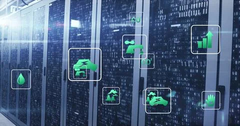 Displaying server cabinets featuring binary code glass panels in data center 写真素材