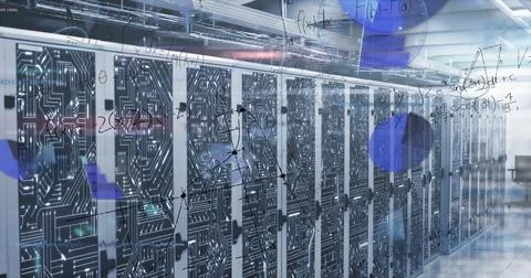 Displaying server cabinets glowing LED lights in data center, with reflective Stock Photos