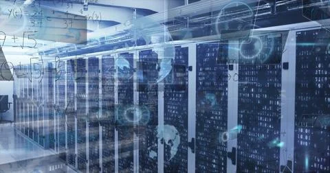 Displaying server cabinets glowing through mesh doors in data center aisle, with Foto stock