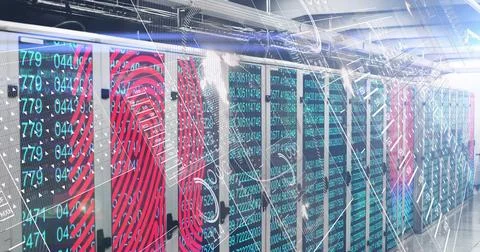 Displaying server cabinets lining data center aisle, with LED lights and Stock Photos