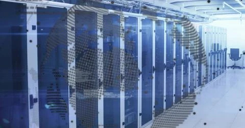 Displaying server cabinets with network gear in data center corridor with globe 写真素材